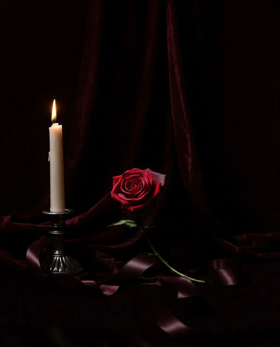 A single candle and dark red rose resting on burgundy silk, the visual signature of Dark Touch Press dark romance