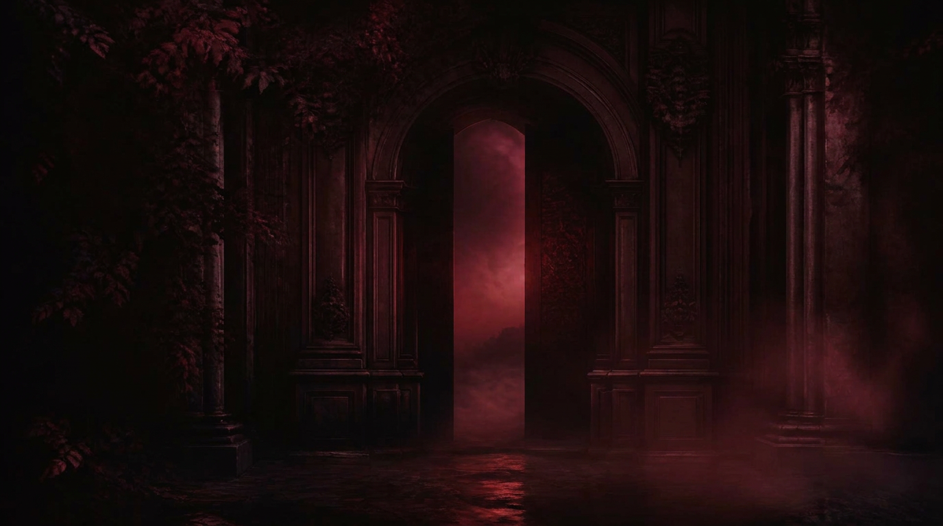 A candlelit gothic doorway opening into red mist — the Dark Touch Press portal